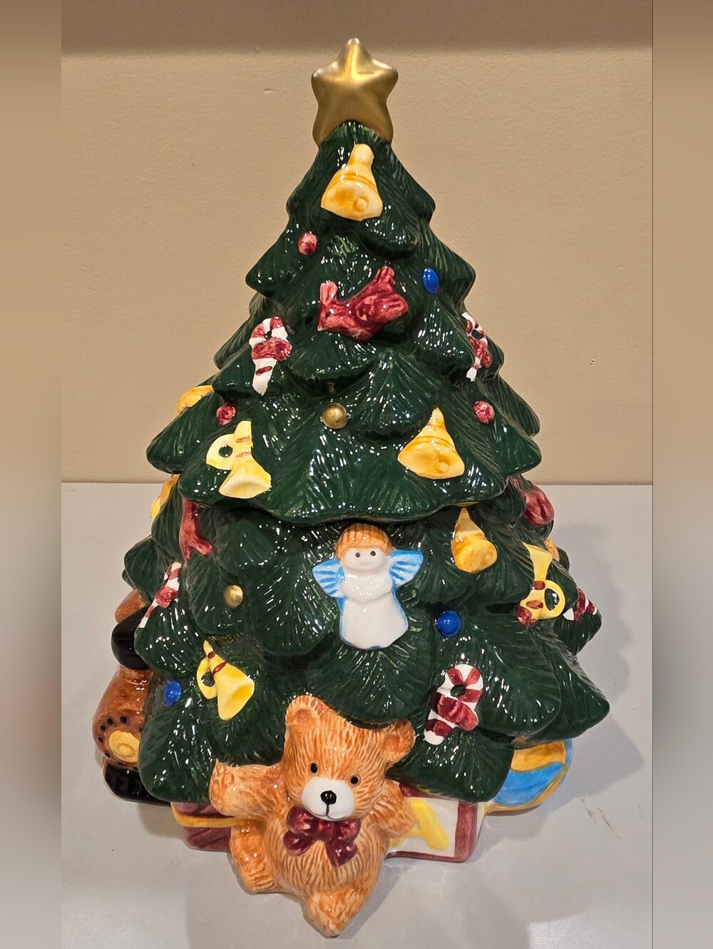 Green Ceramic Christmas Tree Cookie Jar with Angel & Teddy Accents
